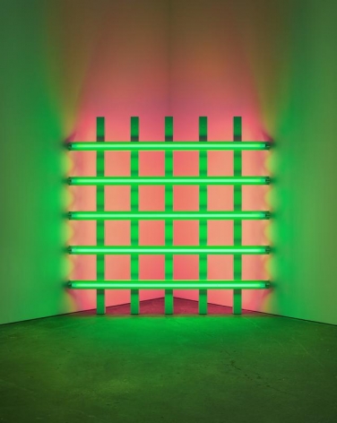 Dan Flavin. untitled (to Mary Ann and Hal with fondest regards) 2, 1976.&nbsp;Green and pink fluorescent light, 8 ft. (244 cm) square across a corner, &copy; 2018 Estate of Dan Flavin / Artists Rights Society (ARS), New York. Courtesy David Zwirner and PKM Gallery.