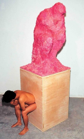 Cody Choi. The Thinker, 1996. Toilet paper, pepto-bismol and wood, 282 x 112 x 91 cm.&nbsp;Courtesy of the artist &amp;amp; PKM Gallery.