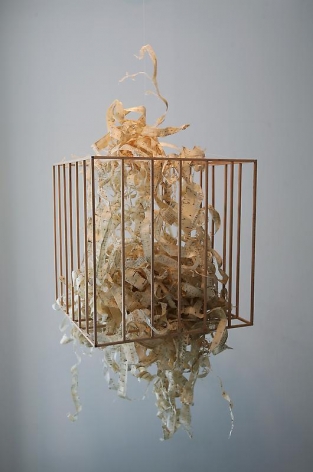 Bae Young-whan. Albatross, 2008.&nbsp;Drawing on wooden cage and wood shavings, Cage size: 45 x 45 x 45 cm.&nbsp;Courtesy of the artist &amp;amp; PKM Gallery.
