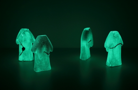 Koo Jeong A.&nbsp;Gossura, Tacit Truth, 2020, 4 ceramic pieces painted with phosphorescent pigment, 18 x 6 x 10.5(h) cm each.&nbsp;Courtesy of the artist &amp;amp; PKM Gallery.