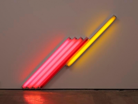 Dan Flavin. untitled (for Frederika and Ian) 2, 1987.&nbsp;Pink, red, and yellow fluorescent light, 6 ft. (183 cm) long on the diagonal.&nbsp;&copy; 2018 Estate of Dan Flavin / Artists Rights Society (ARS), New York. Courtesy David Zwirner and PKM Gallery.