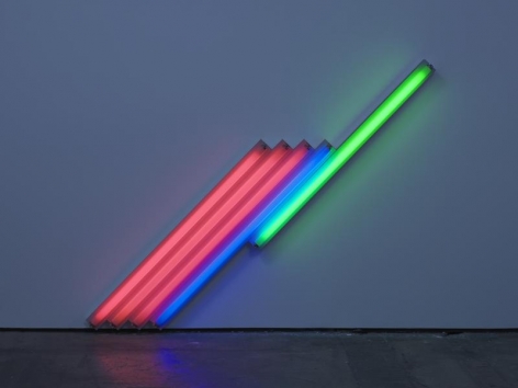Dan Flavin. untitled (for Frederika and Ian) 4, 1987.&nbsp;Pink, blue, and green fluorescent light, 6 ft. (183 cm) long on the diagonal, &copy; 2018 Estate of Dan Flavin / Artists Rights Society (ARS), New York. Courtesy David Zwirner and PKM Gallery.