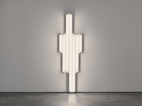 Dan Flavin. &quot;monument&quot; for V. Tatlin, 1964.&nbsp;Cool white fluorescent light, 8 ft. (244 cm) high, &copy; 2018 Estate of Dan Flavin / Artists Rights Society (ARS), New York. Courtesy David Zwirner and PKM Gallery.