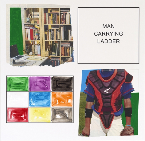 John Baldessari. Storyboard (In 4 Parts): Man Carrying Ladder, 2013. Varnished inkjet print on canvas with acrylic and oil paint, 191.8 x 196.9 cm. Courtesy Marian Goodman Gallery, New York.