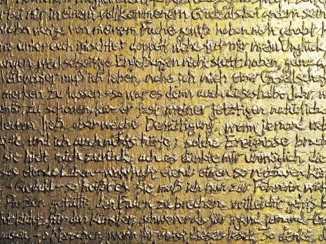 Bae Young-whan. The Will became Gold (Beethoven&#039;s Heiligenstadt Testament) (detail), 2013. Glue and gold on abandoned wooden panel, 80 x 121.5 cm.