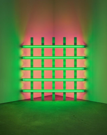 Dan Flavin. untitled (to Mary Ann and Hal with fondest regards) 2, 1976.&nbsp;Green and pink fluorescent light, 8 ft. (244 cm) square across a corner.&nbsp;&copy; 2018 Estate of Dan Flavin / Artists Rights Society (ARS), New York. Courtesy David Zwirner and PKM Gallery.